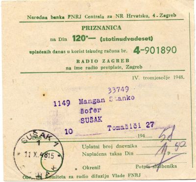 PPMHP 113550: Potvrda za plaćanje radio pretplate 1948.