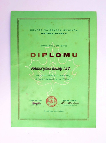 PPMHP 125720: Diploma Memorijalnom muzeju Lipa