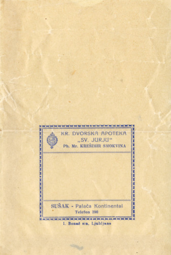 PPMHP 143000: Vrećica iz sušačke apoteke Sv. Jurju Ph. Mr. Krešimira Smokvine