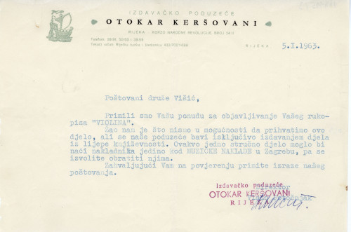 PPMHP 144995/3: Dopis Otokara Keršovanija upućen Vinku Višiću