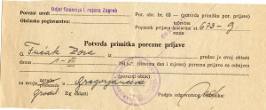 PPMHP 113928: Potvrda Zori Fućak za primitak porezne prijave iz 1946. godine