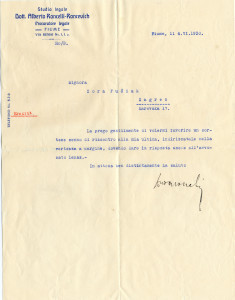 PPMHP 113918: Dopis odvjetnika Alberta Rončevića Zori Fućak od 4. travnja 1930.