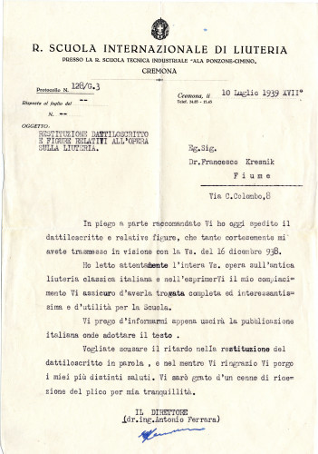 PPMHP 119058: Pismo Antonia Ferrare s recenzijom Kresnikova rukopisa