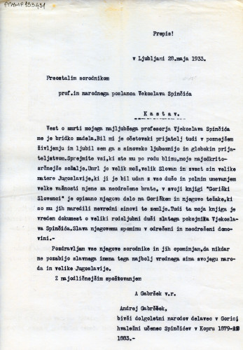 PPMHP 133431: Prijepis brzojava Andreja Gabršeka