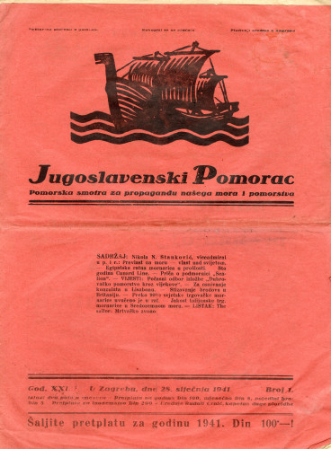 PPMHP 151244: Jugoslavenski pomorac • God XXI / Br. 1 • Pomorska smotra za propagandu našega mora i pomorstva