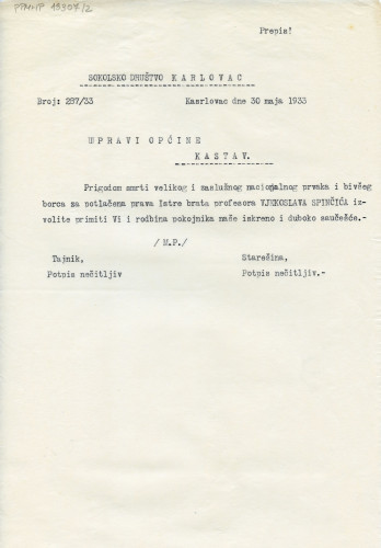 PPMHP 133007/2: Prijepis brzojava Sokolskog društva Karlovac