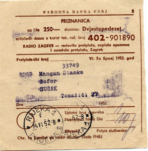 PPMHP 113551: Potvrda za plaćenu radio pretplatu 1952.