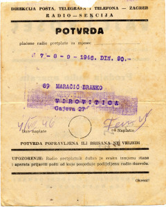 PPMHP 113552: Potvrda o plaćenoj radio pretplati 1946.