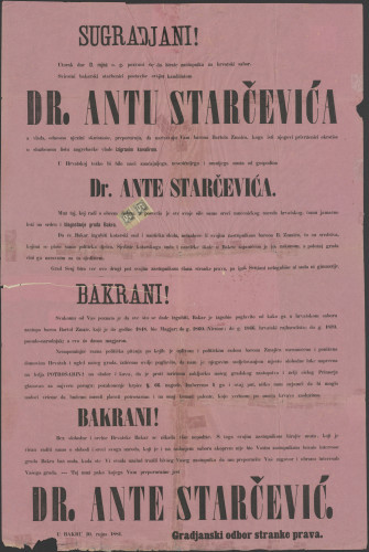 PPMHP 105331: Izborni plakat Ante Starčevića u Bakru 1881.