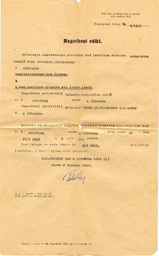 PPMHP 108958: Nagodbeni edikt za Antoniettu (Anticu) Petrić