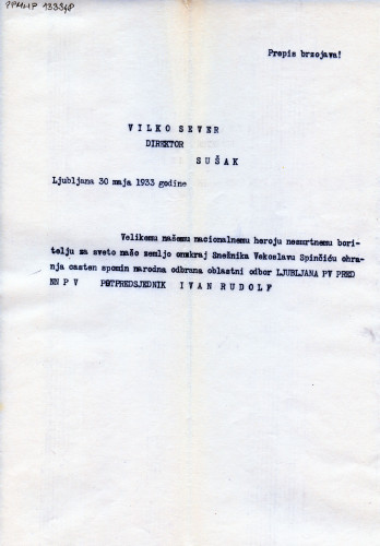 PPMHP 133348: Prijepis brzojava Oblastnog odbora Ljubljana