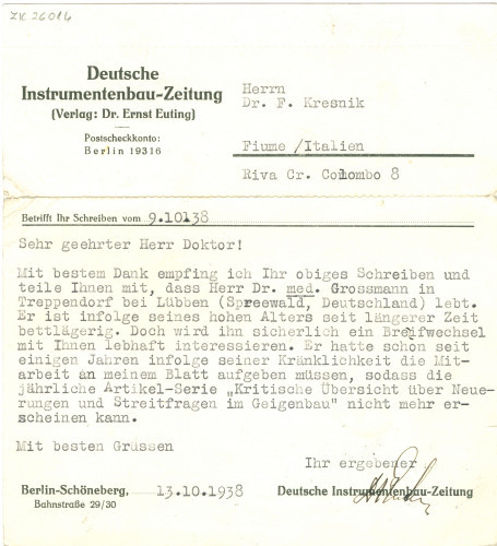 PPMHP 119061: Pismo Kresniku iz Deutsche Instrumentenbau - Zeitung