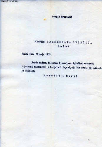PPMHP 133319: Prijepis brzojava obitelji Mezulić Marot