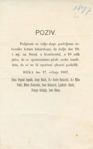 PPMHP 100006: Poziv izbornicima iz Bakarskog kotara