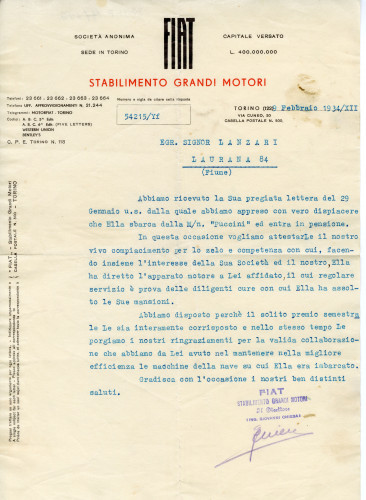 PPMHP 147406: Dopis Teodora Lončarića iz tvornice motora Fiat