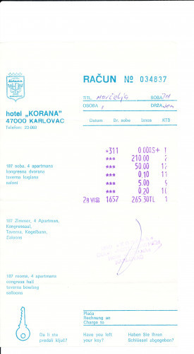 PPMHP 154847: Račun hotela Korana - Karlovac