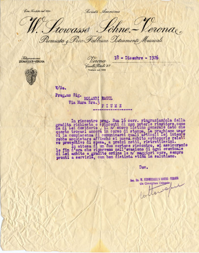 PPMHP 108990: Dopis W. Stowasser Sohne upućen Raoulu Rolandi
