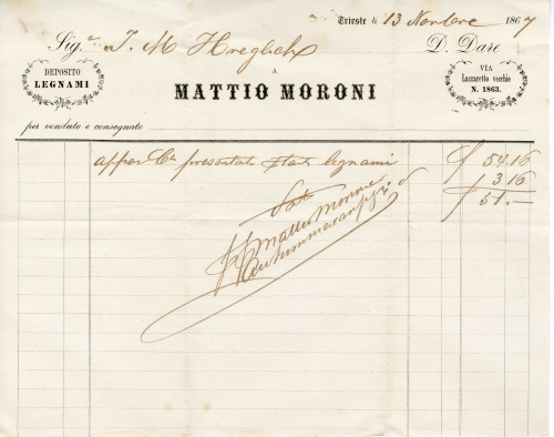 PPMHP 152928: Račun od tvrtke Mattio Moroni, za zapovjednika I.M. Hreljića