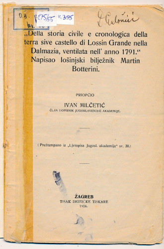 PPMHP 149815: Della storia civile e cronologica della terra sive castelo di Lossin Grande nella Dalmazia, ventilata nell´ anno 1791.