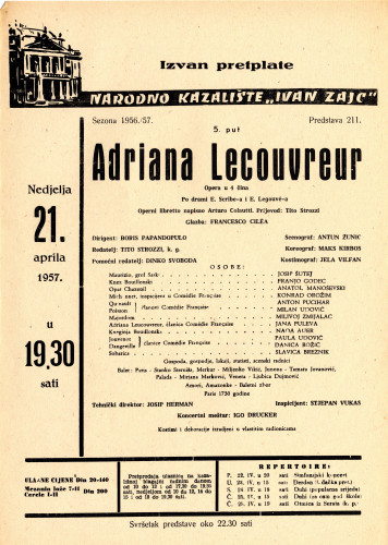 PPMHP 119304: Oglas za predstavu Adriana Lecouvreur