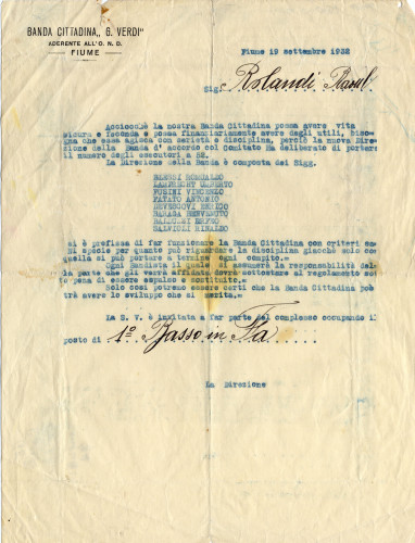 PPMHP 108996: Pismo Banda Cittadina G. Verdi upućeno Raoulu Rolandi