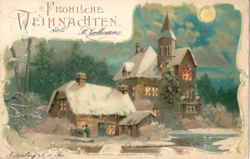 PPMHP 112544: Božićna čestitka s prikazom kuća u šumi pod snijegom