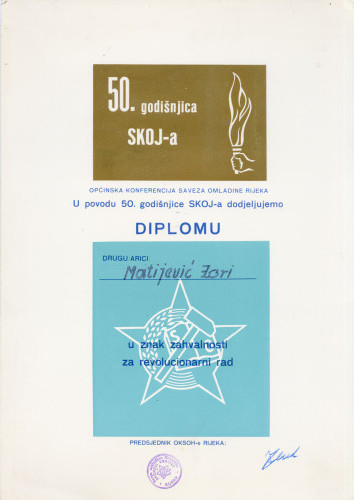 PPMHP 169575: Diploma Matijević Zori