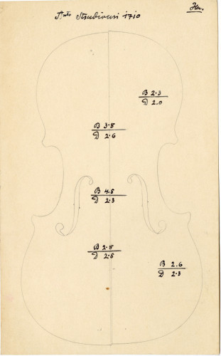 PPMHP 141889: Crtež zvučnice Stradivarijeve violine 1710. s naznačenim debljinama • Ant. Stradiavri 1710.