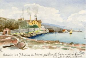 PPMHP 121793: Pogled iz mog ureda u Brgudu, u Whiteheadovoj tvornici torpeda, prema Rijeci • Aussicht aus my Bureau in Bergudi, aus Whitehead's Torpedo fabrik und Fiume ruckseite von Holz...(?)