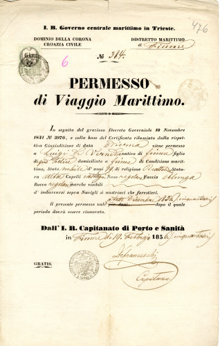 PPMHP 115736: Dozvola za plovidbu (permesso di viaggio)