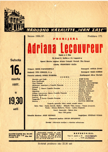 PPMHP 119024: Oglas za predstavu Adriana Lecouvreur