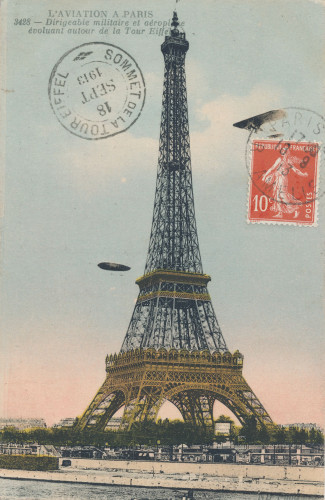 PPMHP 150138: L'Aviation a Paris - Dirigeable militaire et aeroplane évoluant autour de la Tour Eiffel