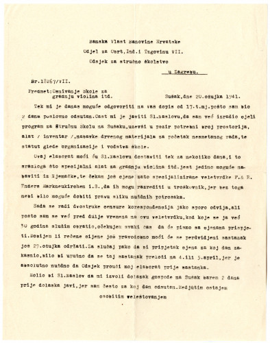 PPMHP 128054: Prijepis Kresnikova dopisa Odsjeku za stučno školstvo Banovinske vlasti