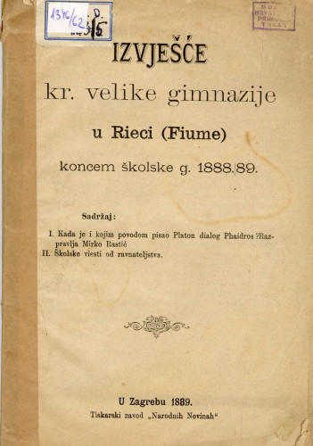 PPMHP 169563: Izvješće kraljevske velike gimnazije u Rieci (Fiume) • koncem školske godine 1888./89.