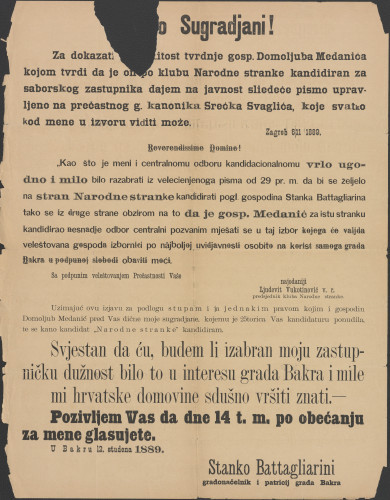 PPMHP 105335: Izborni proglas Stanka Battagliarini u Bakru 1889.