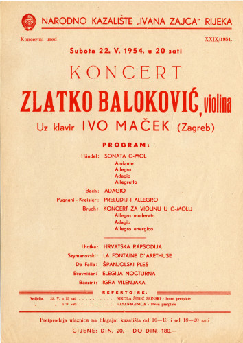 PPMHP 116826: Letak za koncert Zlatka Balokovića