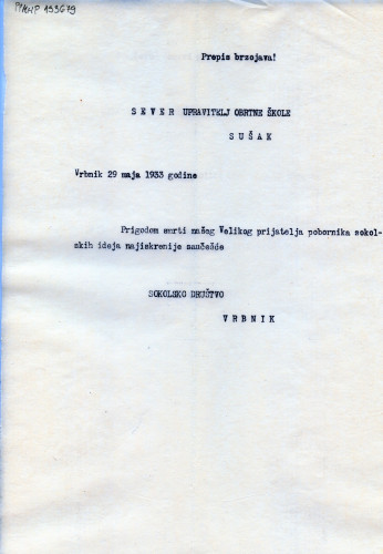 PPMHP 133679: Prijepis brzojava Školskog društva Vrbnik