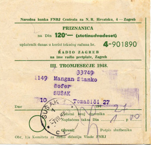 PPMHP 113549: Potvrda o plaćenoj radio pretplati 1948.