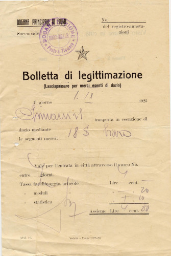 PPMHP 106955: Potvrda o plaćenoj carini - Bolletta di legittimazione