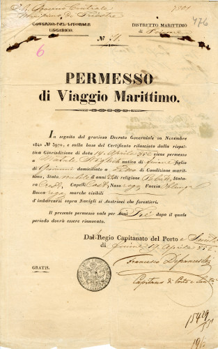 PPMHP 115735: Dozvola za plovidbu (permesso di viaggio)