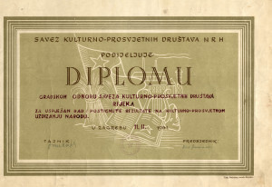 PPMHP 116035: Diploma Gradskom odboru Saveza kulturno-prosvjetnih djelatnika