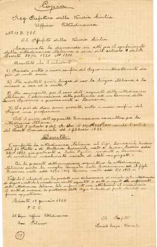 PPMHP 147419: Rukopisna kopija potvrde o prihvaćanju zahtjeva za talijanskim državljanstvom