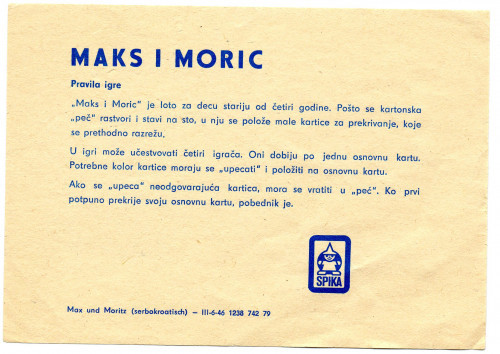PPMHP 118431/28: Max und Moritz • Pravila igre na srpskohrvatskom jeziku