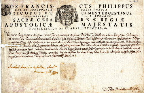 PPMHP 118883: Isprava tršćanskog biskupa Franje Filipa Inzaghija