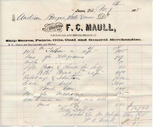 PPMHP 135606: Potvrda trgovca F.C. Maull za jedrenjak Sattor