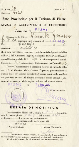 PPMHP 143002: Ente Provinciale per il turismo di Fiume • Potvrda o uplaćenoj naknadi za turizam za 1942.